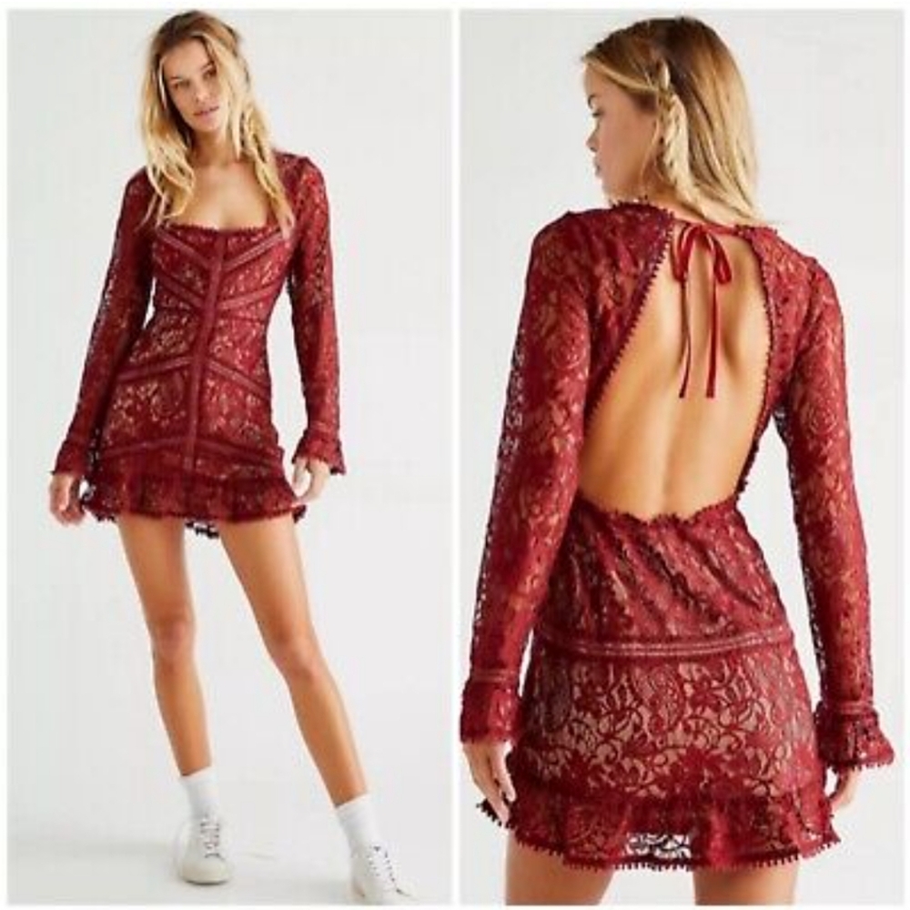 NWT For Love and Lemons emerie burgundy lace dress with long sleeves.  Lined wit